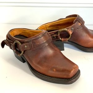 Frye Distressed Leather Belted Harness Mules
